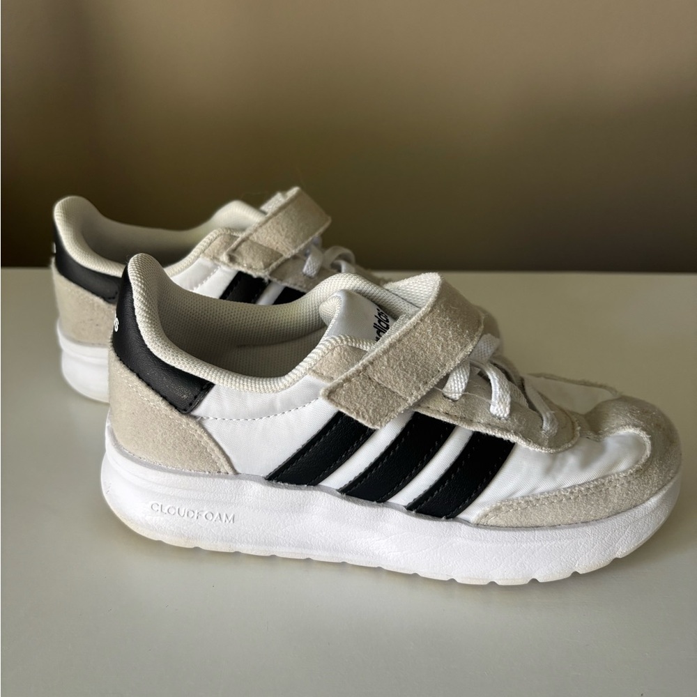 adidas Kids White Sneakers with Black Stripes and Beige Suede
